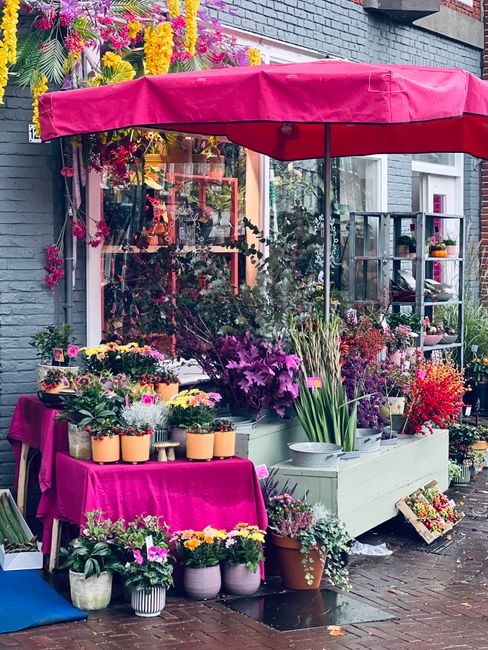 A vibrant outdoor floral display set on a sidewalk, featuring an assortment of fresh flowers arranged in pots and containers. The arrangement includes purple irises, pink and yellow pansies, and red a
