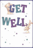 This radiant get well card shines with playful optimism, its design echoing the friendly character and leafy charm found throughout Teddington. The card's joyful illustration features a honey-brown teddy bear, perched confidently atop the large, colour-rich letters of 'GET,' warmly paired with a lively puppy who balances gently beside the word 'WELL' below-each pet's expressive gaze brimming with encouragement. Scattered stars-painted in varying shades of blue, purple, and turquoise-twinkle across a creamy white background, evoking the light-dappled beauty of Bushy Park mornings. The tactile texture of the bear's fur and the velvety look of the puppy together create a comforting, almost embraceable motif. Every detail feels lovingly attended, as if arranged by a skilled Teddington florist preparing a get well bouquet ready for same-day local delivery. This card's uplifting palette and endearing scene radiate warmth, offering not just a message but a heartfelt gesture of support to anyone recovering or in need of a lift within Teddington and its welcoming community.